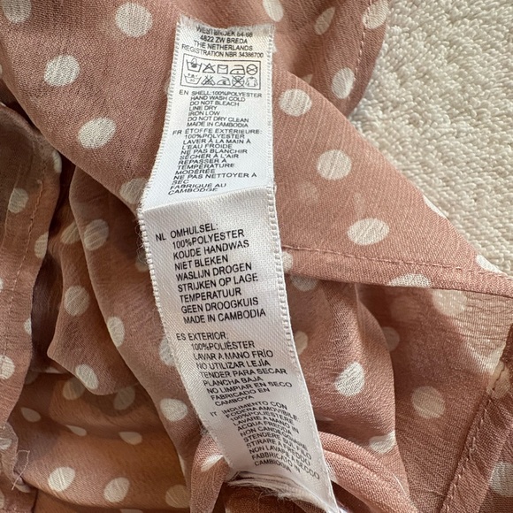 Free Bird Sheer Polka Dot Blouse Buttons Taupe White Office Preppy Top Large Tan - Picture 6 of 9